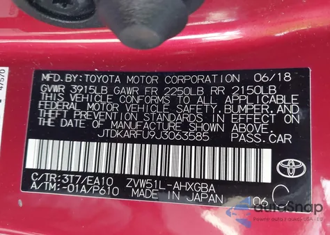 2018 Toyota Prius from USA, damaged, VIN JTDKARFU9J3063585